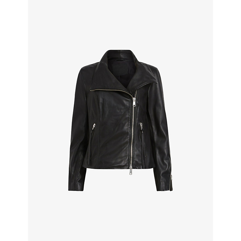 Shop Allsaints Womens Black Ellis Funnel-neck Leather Jacket