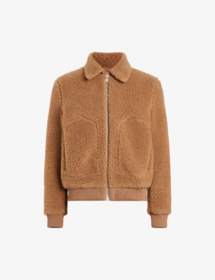 Allsaints Faux Shearling Buzz Bomber Jacket In Brown