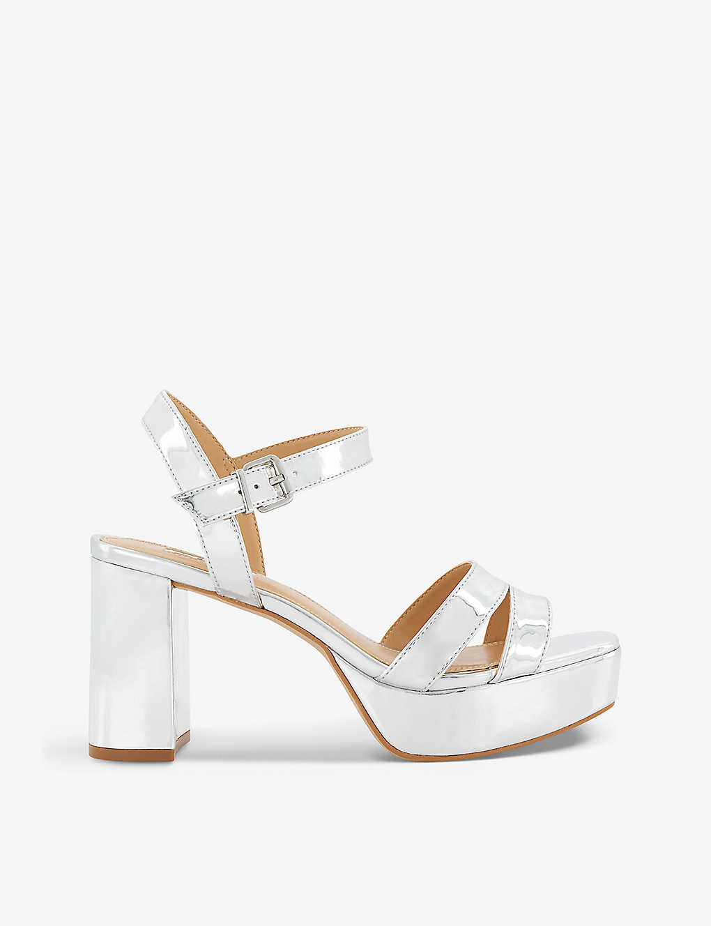 Dune Womens Silver-patent Synthetic Molten Metallic Leather Heeled Sandals In Monochrome