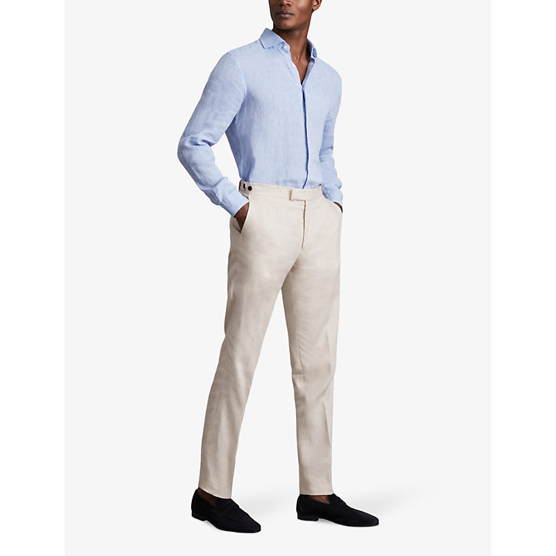Shop Reiss Men's Stone Kin Pressed-crease Slim-fit Linen Trousers