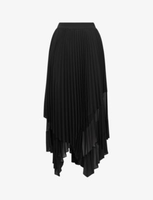 Reiss Black Pleated Layered Asymmetric Midi Skirt In Black