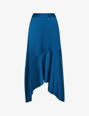 Reiss Dark Blue Hammered Satin Midi Skirt In Blue