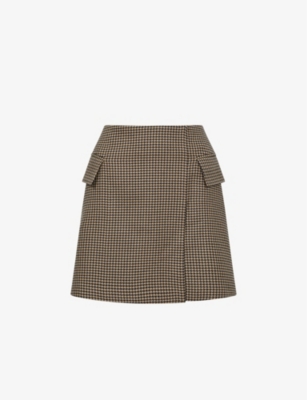 REISS REISS WOMEN'S BLACK/CAMEL ELLA DOGTOOTH-PATTERN WOOL-BLEND MINI SKIRT