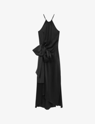 REISS REISS WOMEN'S BLACK LUNA SATIN-BOW WOVEN MAXI DRESS