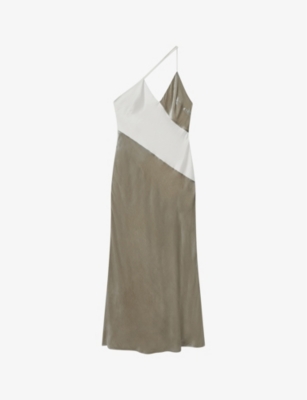 Reiss Silver Keeley Silk-velvet Asymmetric Strap Midi Dress In Silver