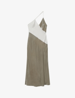 REISS REISS WOMEN'S SILVER KEELEY ASYMMETRIC-STRAP VELVET AND SILK-BLEND MIDI DRESS