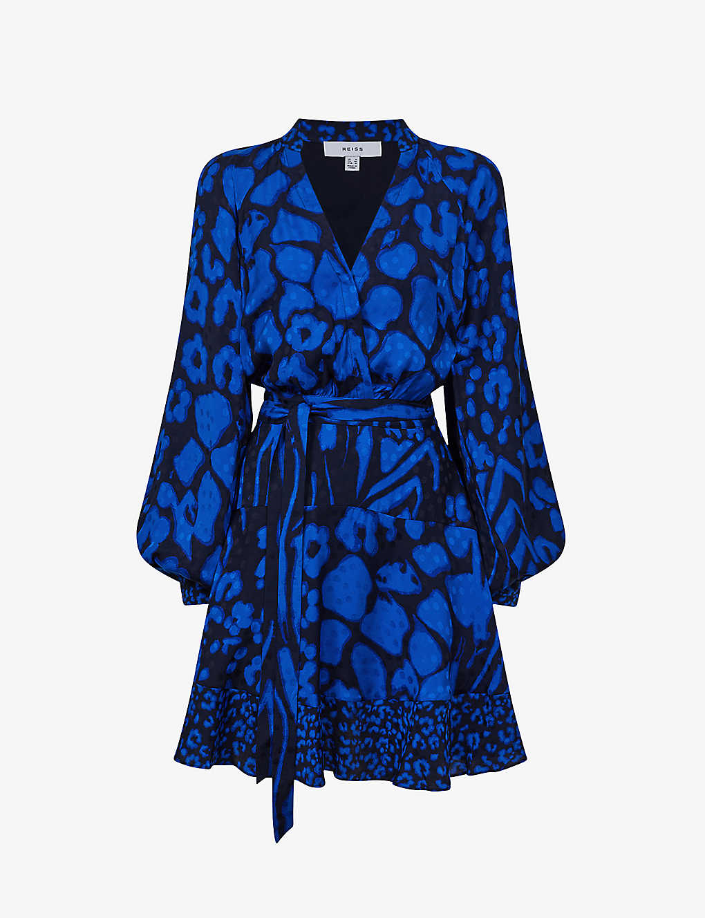 Reiss Kerri Graphic-print Flippy-hem Woven Mini Dress In Blue