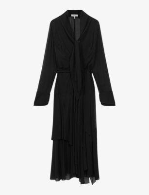 Reiss Black Belted Ruffle Midi Dress