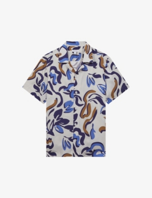 Reiss White Multi Abstract Print Cuban Collar Shirt In White