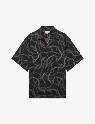 Reiss Quest Printed Short Sleeve Button Front Camp Shirt In Black