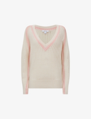 Reiss Cream/nude Vale Wool Blend Knitted V-neck Jumper In Cream/nude