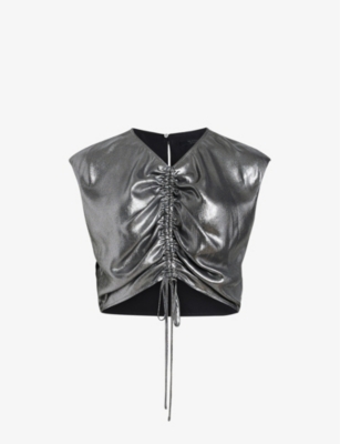 Allsaints Carla Gathered Metallic Cropped Top In Gunmetal Grey