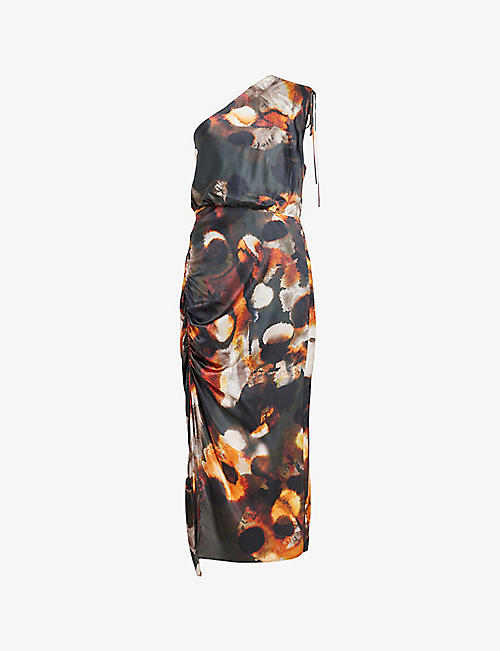 ALLSAINTS: Laura Mars graphic-print one-shoulder silk-blend midi dress
