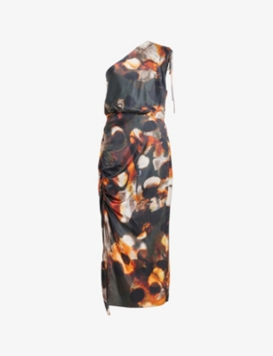 Allsaints Laura Mars Asymmetric Printed Midi Dress In Rust Brown