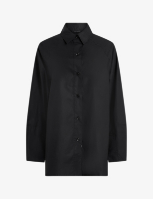 Allsaints Evie Logo-print Relaxed-fit Organic-cotton Shirt In Black