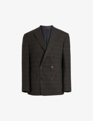 Allsaints Spica Checked Double Breasted Blazer In Brown