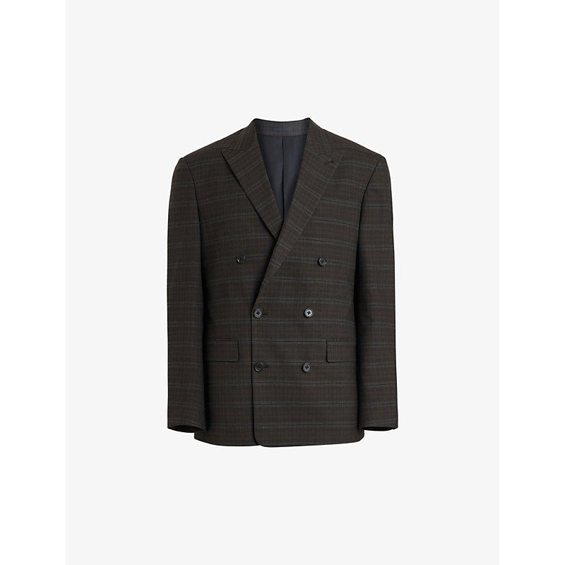 ALLSAINTS ALLSAINTS MEN'S BROWN SPICA CHECKED DOUBLE-BREASTED STRETCH-WOVEN BLAZER
