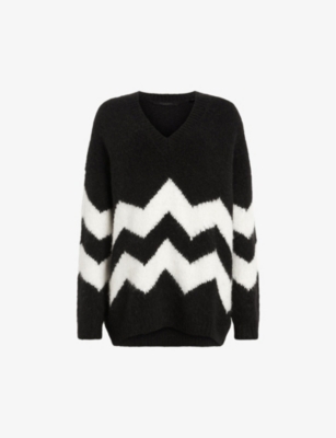 Allsaints Ziggi Zig Zag Striped V-neck Sweater In Black/chalk White