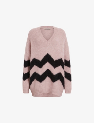 Allsaints Ziggi Zig Zag Striped V-neck Sweater In Pashmina Pink/blk
