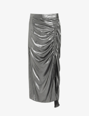 Allsaints Carla Gathered Metallic Midi Skirt In Gunmetal Grey