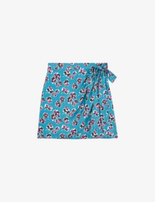 The Kooples Womens Pink - Blue Floral-print Wrap Woven Mini Skirt