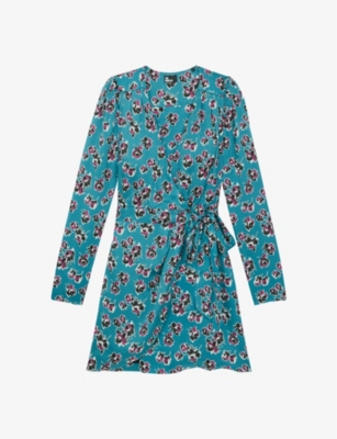 The Kooples Womens Pink - Blue Floral-print Wrap Woven Mini Dress