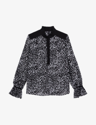 The Kooples Graphic-print Contrasting-panelled Woven Top In Black White