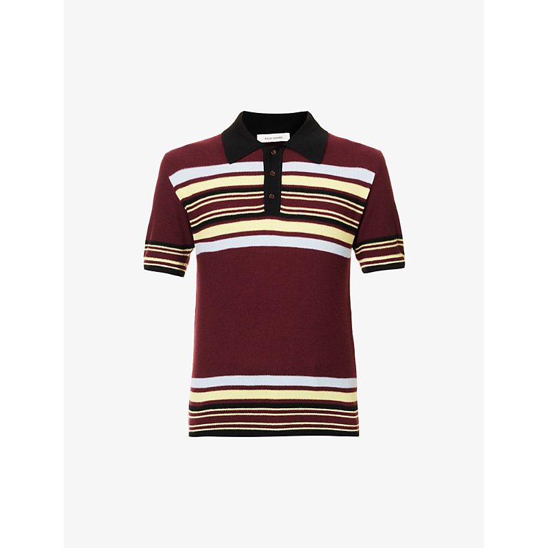 WALES BONNER WALES BONNER MENS RED BLUE AND YELLOW WANDER STRIPED REGULAR-FIT WOOL-BLEND POLO SHIRT