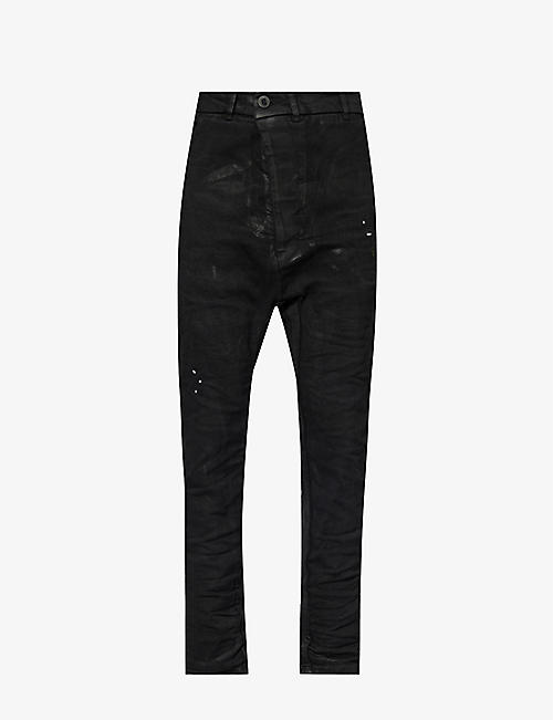 BORIS BIDJAN SABERI: P23 distressed tapered-leg coated stretch-denim jeans