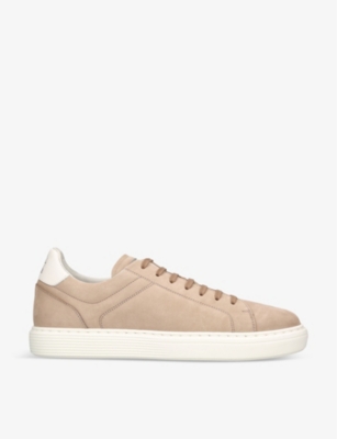 Shop Brunello Cucinelli Men's Taupe Contrast-trim Leather Low-top Trainers