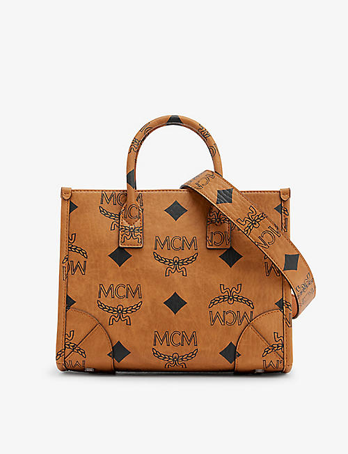 MCM：München 小号交织字母装饰涂层帆布皮革托特包