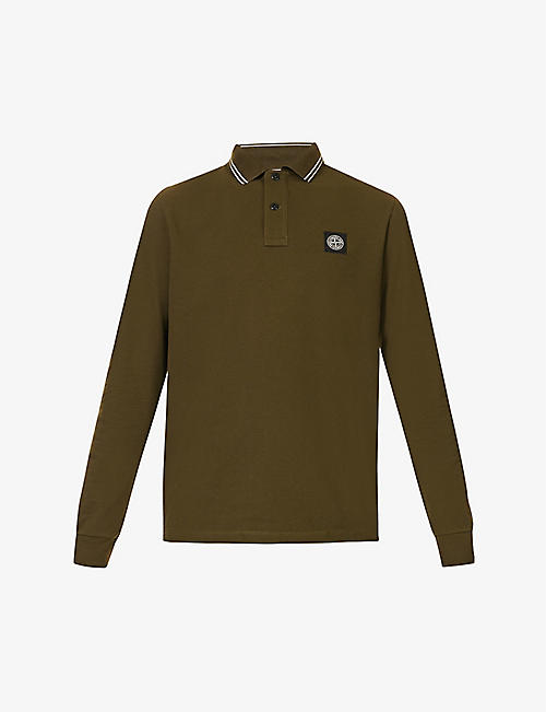 STONE ISLAND: Logo-badge long-sleeved stretch-cotton-piqué polo shirt