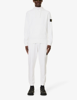 Shop Stone Island Mens White Logo-badge Relaxed-fit Cotton-jersey Hoody