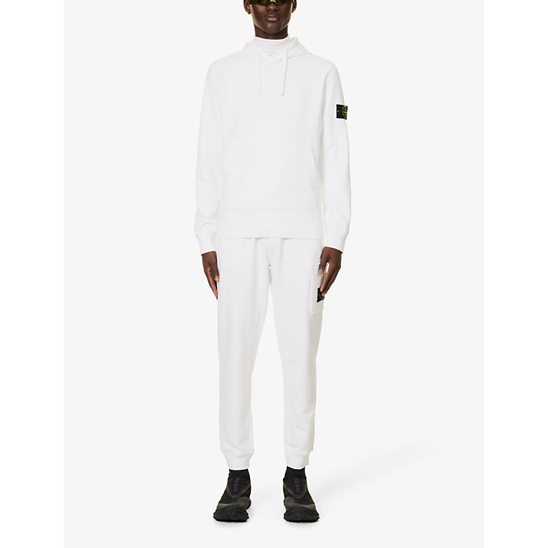 Shop Stone Island Mens White Logo-badge Relaxed-fit Cotton-jersey Hoody
