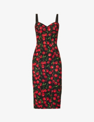 DOLCE & GABBANA DOLCE & GABBANA WOMEN'S CILIEGIE FDO NERO CHERRY-PRINT SWEETHEART-NECK WOVEN MIDI DRESS