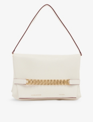 Shop Victoria Beckham Chain-embellished Leather Shoulder Bag In White