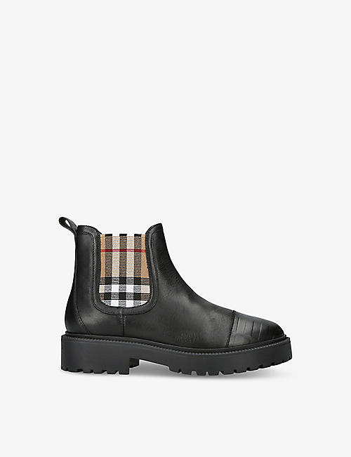 BURBERRY: Jayden check-print panel leather-blend ankle boots 5-9 years