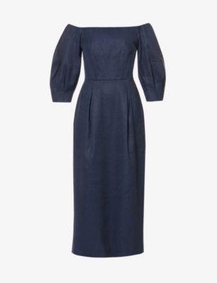 Gabriela Hearst Womens Dark Navy Majano Puff-sleeved Hemp And Cotton-blend Midi Dress In Dark Navy