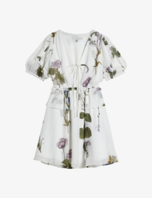 TED BAKER TED BAKER WOMEN'S WHITE JALIYAA FLORAL-PRINT PUFF-SLEEVED RECYCLED POLYESTER-BLEND MINI DRESS,68836284