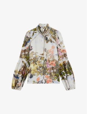 TED BAKER - Luuciaa high-neck floral-print linen blouse | Selfridges.com