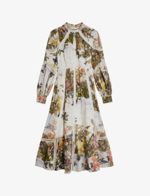 TED BAKER - Maylily high-neck floral-print linen midi dress ...