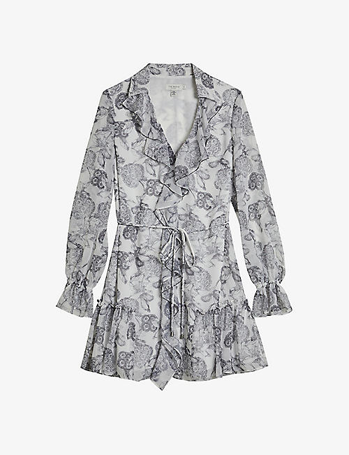 TED BAKER: Giorgii floral-print ruffled recycled-polyester mini wrap dress
