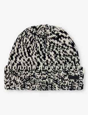 SAINT LAURENT SAINT LAURENT MEN'S BLACK IVORY BRAND-PLAQUE TWO-TONE WOOL-KNIT BEANIE