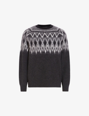 ALLSAINTS ALLSAINTS MEN'S BLACK/CHARCOAL ACES OVERSIZED FAIRISLE WOOL-BLEND JUMPER