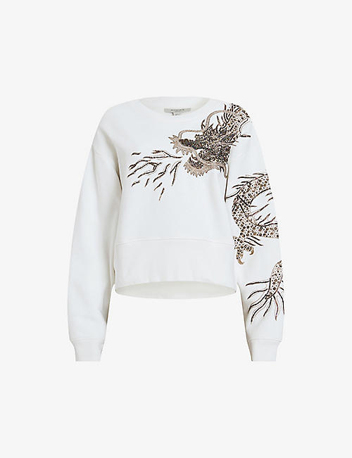 ALLSAINTS: Dragon Separo embellished organic cotton-blend jumper