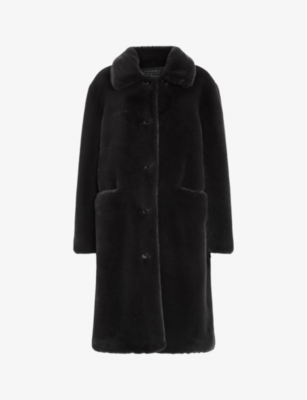 ALLSAINTS ALLSAINTS WOMENS BLACK SORA RELAXED-FIT DOUBLE-BREASTED RECYCLED FAUX-FUR COAT