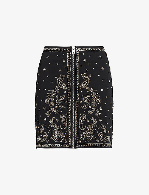 ALLSAINTS: Cassidy bead-embroidered stretch-woven mini skirt