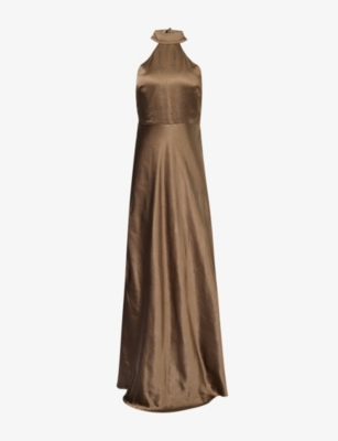 Shop Six Stories Women's Dark Olive Halterneck Slim-fit Satin Maxi Dress