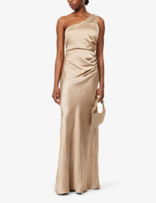 Shop Six Stories Women's Champagne One-shoulder Ruched Satin Maxi Dress