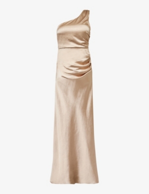 Shop Six Stories Women's Champagne One-shoulder Ruched Satin Maxi Dress